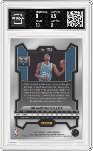 Brandon Miller from the 2023-24 Panini Prizm set graded by Arena Club and given an overall grade of 9.5.