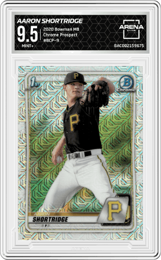 Aaron Shortridge from the 2020 Bowman Mega Box set graded by Arena Club and given an overall grade of 9.5.