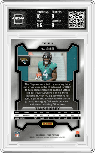 Tank Bigsby from the 2023 Panini Prizm set featuring a Lazer parallel graded by Arena Club and given an overall grade of 9.5.