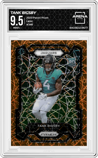 Tank Bigsby from the 2023 Panini Prizm set featuring a Lazer parallel graded by Arena Club and given an overall grade of 9.5.