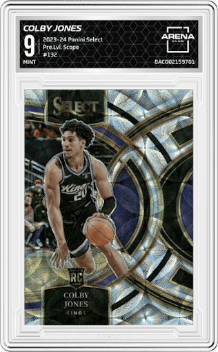 Colby Jones from the 2023-24 Panini Select  set featuring a Scope parallel graded by Arena Club and given an overall grade of 9.