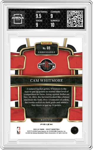 Cam Whitmore from the 2023-24 Panini Select  set featuring a Orange Flash parallel graded by Arena Club and given an overall grade of 9.5.