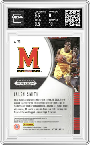 Jalen Smith from the 2020-21 Panini Prizm Draft Picks set featuring a Red/White/Blue Prizm parallel graded by Arena Club and given an overall grade of 9.5.