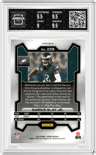 Darius Slay Jr. from the 2023 Panini Prizm set featuring a Blue Prizm parallel graded by Arena Club and given an overall grade of 9.5.