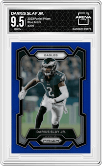 Darius Slay Jr. from the 2023 Panini Prizm set featuring a Blue Prizm parallel graded by Arena Club and given an overall grade of 9.5.
