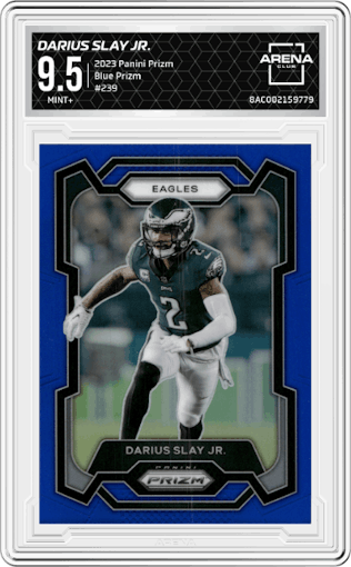 Darius Slay Jr. from the 2023 Panini Prizm set featuring a Blue Prizm parallel graded by Arena Club and given an overall grade of 9.5.