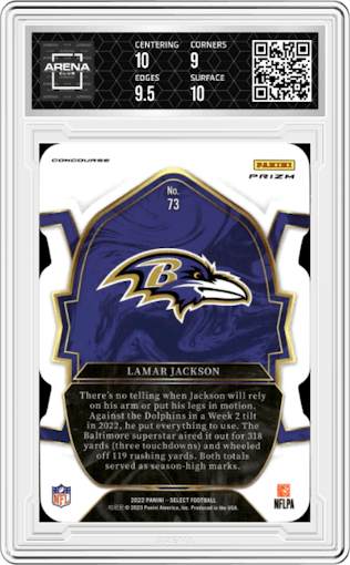 Lamar Jackson from the 2022 Panini Select set featuring a Die-Cut Black/Green parallel graded by Arena Club and given an overall grade of 9.5.