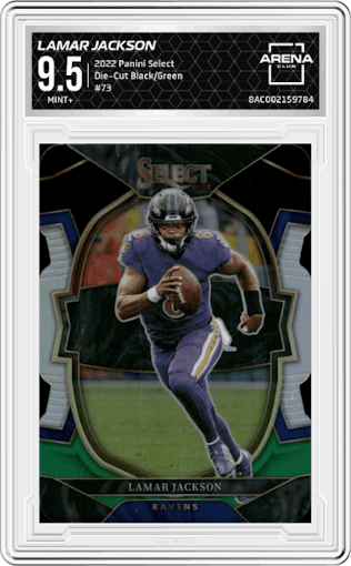 Lamar Jackson from the 2022 Panini Select set featuring a Die-Cut Black/Green parallel graded by Arena Club and given an overall grade of 9.5.