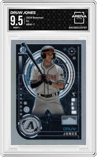 Druw Jones from the 2024 Bowman set graded by Arena Club and given an overall grade of 9.5.