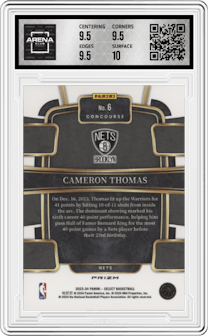 Cameron Thomas from the 2023-24 Panini Select  set featuring a Blue Prizm parallel graded by Arena Club and given an overall grade of 10.