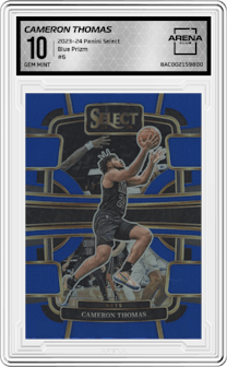 Cameron Thomas from the 2023-24 Panini Select  set featuring a Blue Prizm parallel graded by Arena Club and given an overall grade of 10.