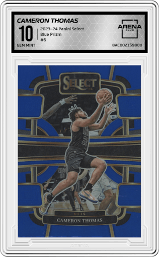 Cameron Thomas from the 2023-24 Panini Select  set featuring a Blue Prizm parallel graded by Arena Club and given an overall grade of 10.