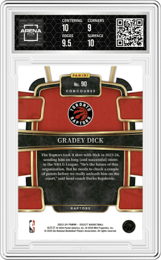 Gradey Dick from the 2023-24 Panini Select  set featuring a Blue Retail parallel graded by Arena Club and given an overall grade of 9.5.