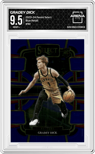 Gradey Dick from the 2023-24 Panini Select  set featuring a Blue Retail parallel graded by Arena Club and given an overall grade of 9.5.