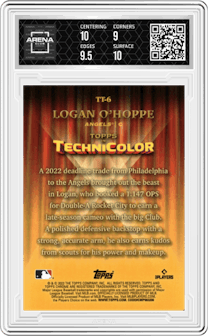 Logan O'Hoppe from the 2023 Topps Chrome set graded by Arena Club and given an overall grade of 9.5.