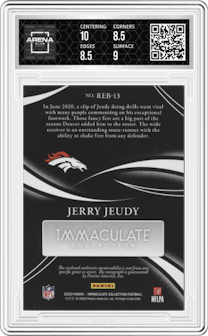 Jerry Jeudy from the 2022 Panini Immaculate Collection set featuring a Gold parallel graded by Arena Club and given an overall grade of 9.