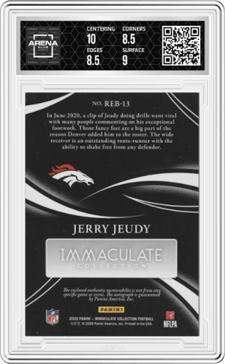 Jerry Jeudy from the 2022 Panini Immaculate Collection set featuring a Gold parallel graded by Arena Club and given an overall grade of 9.