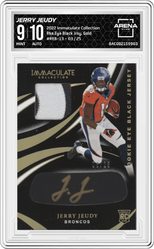Jerry Jeudy from the 2022 Panini Immaculate Collection set featuring a Gold parallel graded by Arena Club and given an overall grade of 9.