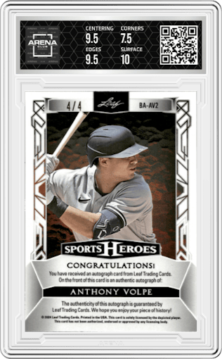 Anthony Volpe from the 2024 Leaf Sports Heroes set featuring a Purple Shimmer parallel graded by Arena Club and given an overall grade of 8.