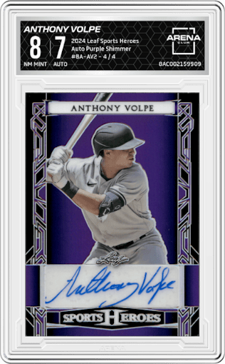 Anthony Volpe from the 2024 Leaf Sports Heroes set featuring a Purple Shimmer parallel graded by Arena Club and given an overall grade of 8.