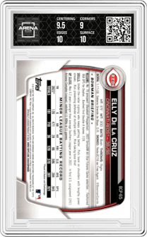 Elly De La Cruz from the 2023 Bowman  set featuring a Fuchsia Refractor parallel graded by Arena Club and given an overall grade of 9.5.