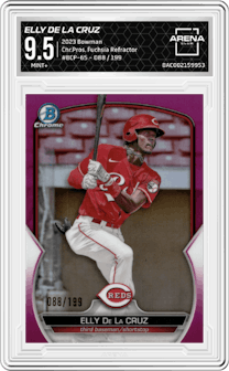 Elly De La Cruz from the 2023 Bowman  set featuring a Fuchsia Refractor parallel graded by Arena Club and given an overall grade of 9.5.