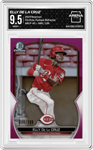Elly De La Cruz from the 2023 Bowman  set featuring a Fuchsia Refractor parallel graded by Arena Club and given an overall grade of 9.5.