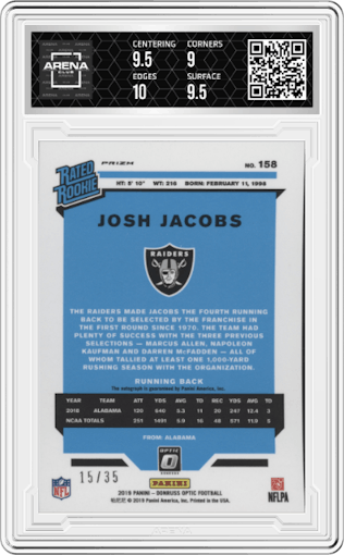Josh Jacobs from the 2019 Panini Donruss Optic set featuring a Holo parallel graded by Arena Club and given an overall grade of 9.5.
