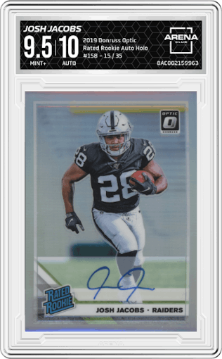 Josh Jacobs from the 2019 Panini Donruss Optic set featuring a Holo parallel graded by Arena Club and given an overall grade of 9.5.