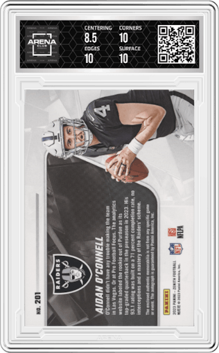 Aidan O'Connell from the 2023 Panini Zenith set featuring a Sparkle parallel graded by Arena Club and given an overall grade of 9.