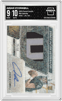 Aidan O'Connell from the 2023 Panini Zenith set featuring a Sparkle parallel graded by Arena Club and given an overall grade of 9.