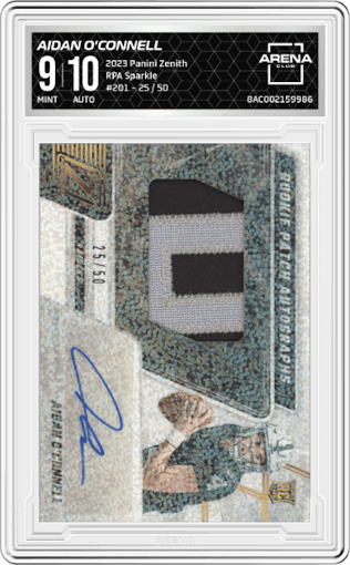 Aidan O'Connell from the 2023 Panini Zenith set featuring a Sparkle parallel graded by Arena Club and given an overall grade of 9.