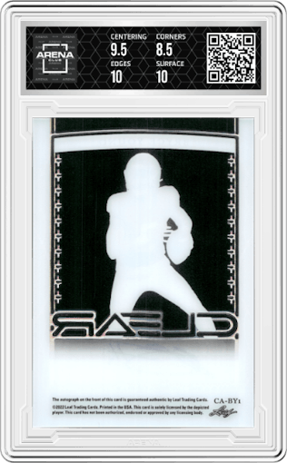 Bryce Young from the 2022 Leaf Trinity set featuring a Emerald Foil parallel graded by Arena Club and given an overall grade of 9.