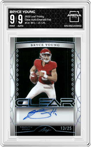 Bryce Young from the 2022 Leaf Trinity set featuring a Emerald Foil parallel graded by Arena Club and given an overall grade of 9.