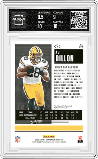 AJ Dillon from the 2020 Panini Contenders set featuring a Playoff parallel graded by Arena Club and given an overall grade of 9.5.