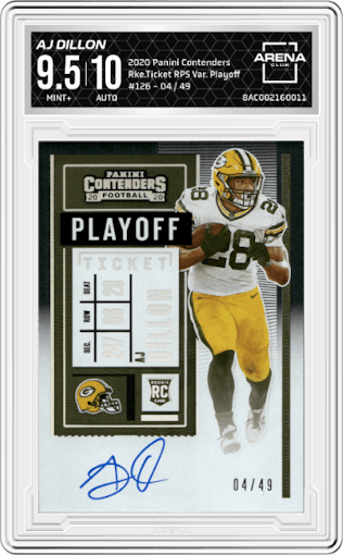 AJ Dillon from the 2020 Panini Contenders set featuring a Playoff parallel graded by Arena Club and given an overall grade of 9.5.
