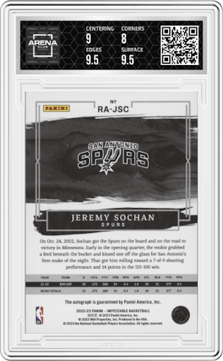 Jeremy Sochan from the 2022-23 Panini Impeccable set graded by Arena Club and given an overall grade of 8.5.