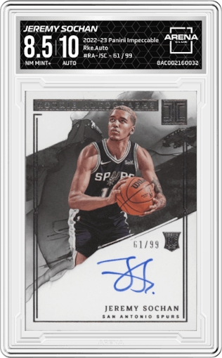 Jeremy Sochan from the 2022-23 Panini Impeccable set graded by Arena Club and given an overall grade of 8.5.