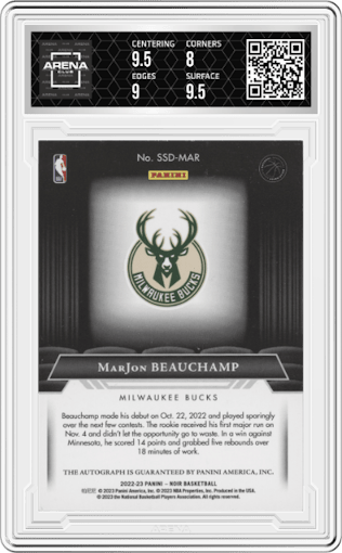 MarJon Beauchamp from the 2022-23 Panini Noir set graded by Arena Club and given an overall grade of 8.5.