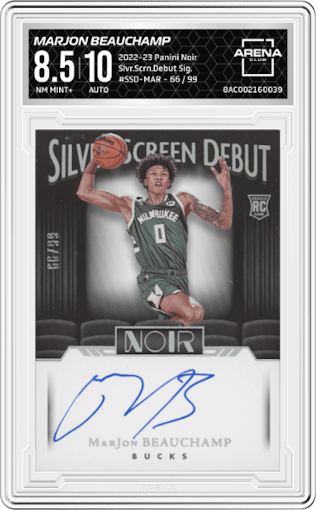 MarJon Beauchamp from the 2022-23 Panini Noir set graded by Arena Club and given an overall grade of 8.5.