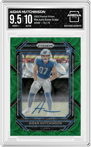 Aidan Hutchinson from the 2022 Panini Prizm set featuring a Green Scope parallel graded by Arena Club and given an overall grade of 9.5.
