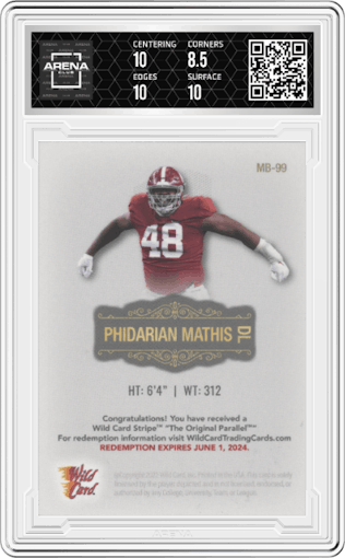 Phidarian Mathis from the 2022 Wild Card Matte set featuring a White parallel graded by Arena Club and given an overall grade of 9.