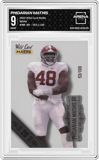 Phidarian Mathis from the 2022 Wild Card Matte set featuring a White parallel graded by Arena Club and given an overall grade of 9.