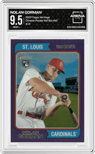 Nolan Gorman from the 2023 Topps Heritage set featuring a Purple Hot Box Refractor parallel graded by Arena Club and given an overall grade of 9.5.