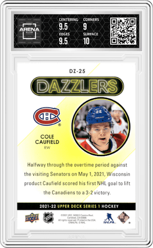Cole Caufield from the 2021-22 Upper Deck Series 1 set featuring a Red parallel graded by Arena Club and given an overall grade of 9.5.