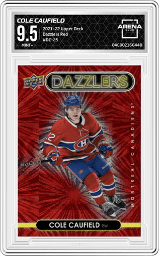 Cole Caufield from the 2021-22 Upper Deck Series 1 set featuring a Red parallel graded by Arena Club and given an overall grade of 9.5.