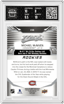 Michael McNiven from the 2022-23 Upper Deck MVP set featuring a Silver Script parallel graded by Arena Club and given an overall grade of 8.5.