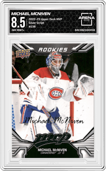 Michael McNiven from the 2022-23 Upper Deck MVP set featuring a Silver Script parallel graded by Arena Club and given an overall grade of 8.5.