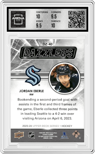 Jordan Eberle from the 2023-24 Upper Deck Series 1 set featuring a Blue parallel graded by Arena Club and given an overall grade of 10.