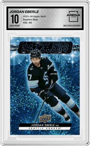 Jordan Eberle from the 2023-24 Upper Deck Series 1 set featuring a Blue parallel graded by Arena Club and given an overall grade of 10.